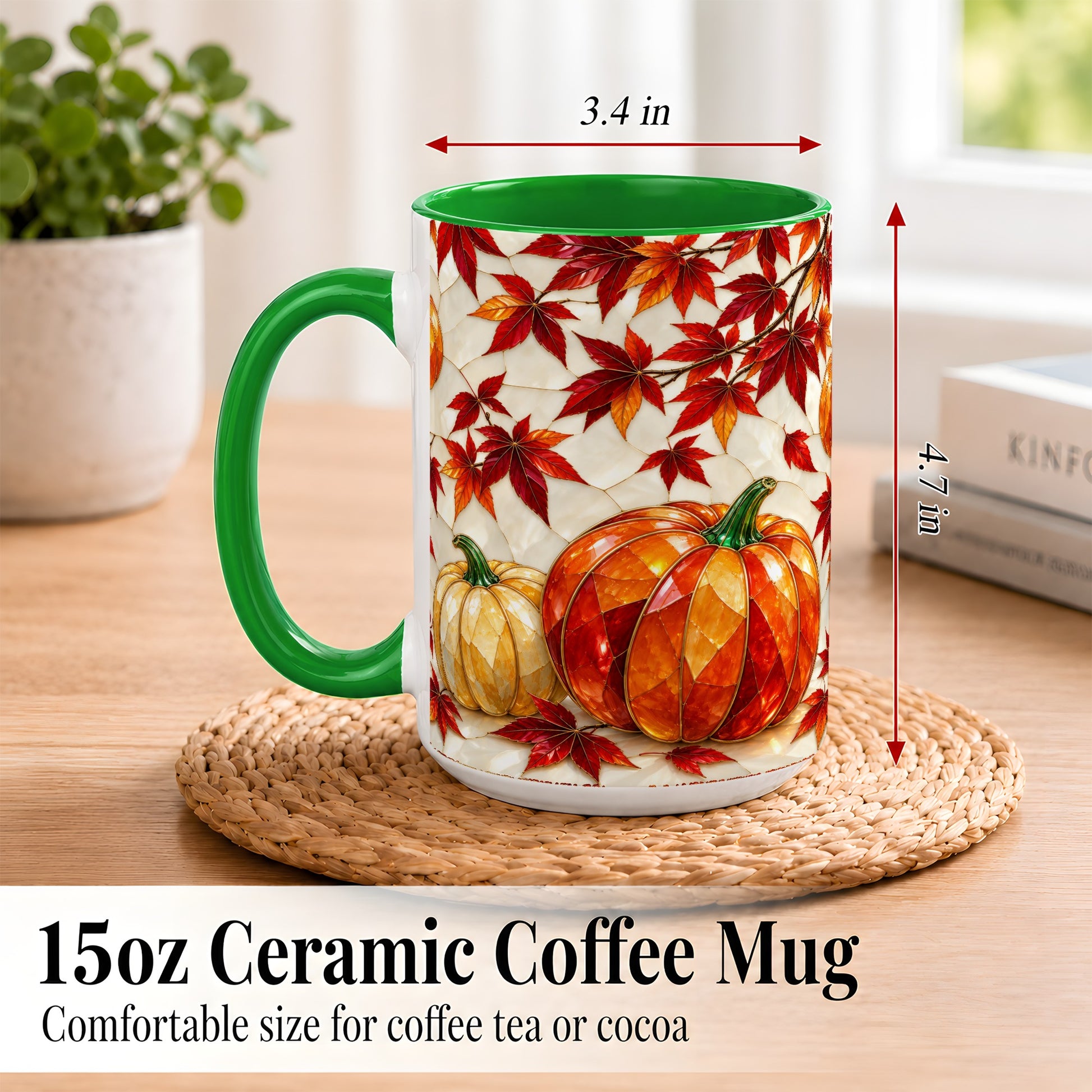 #pl[15oz|Green] Jeweled Pumpkin Coffee Mug, Autumn Maple Mug, Ceramic Cup