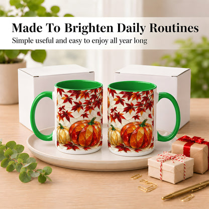 #pl[15oz|Green] Jeweled Pumpkin Coffee Mug, Autumn Maple Mug, Ceramic Cup