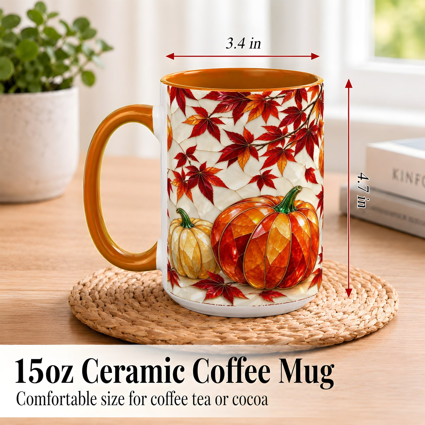#pl[15oz|Orange] Jeweled Pumpkin Coffee Mug, Autumn Maple Mug, Ceramic Cup
