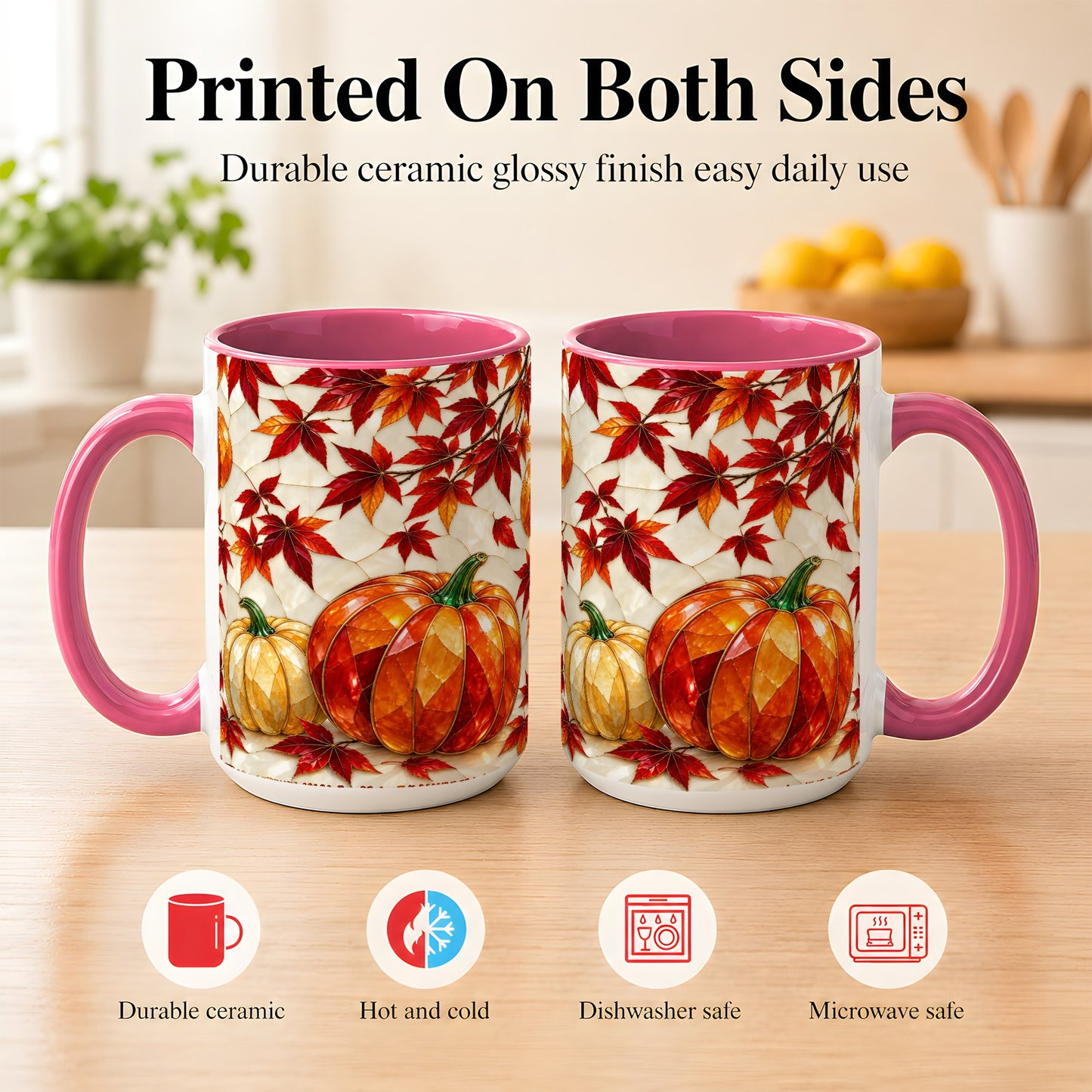 #pl[15oz|Pink] Jeweled Pumpkin Coffee Mug, Autumn Maple Mug, Ceramic Cup