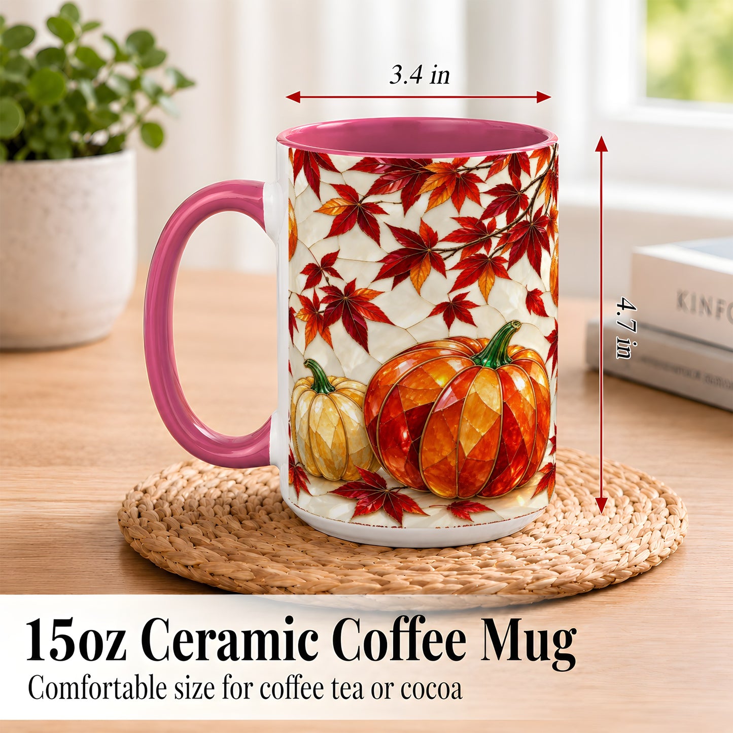 #pl[15oz|Pink] Jeweled Pumpkin Coffee Mug, Autumn Maple Mug, Ceramic Cup