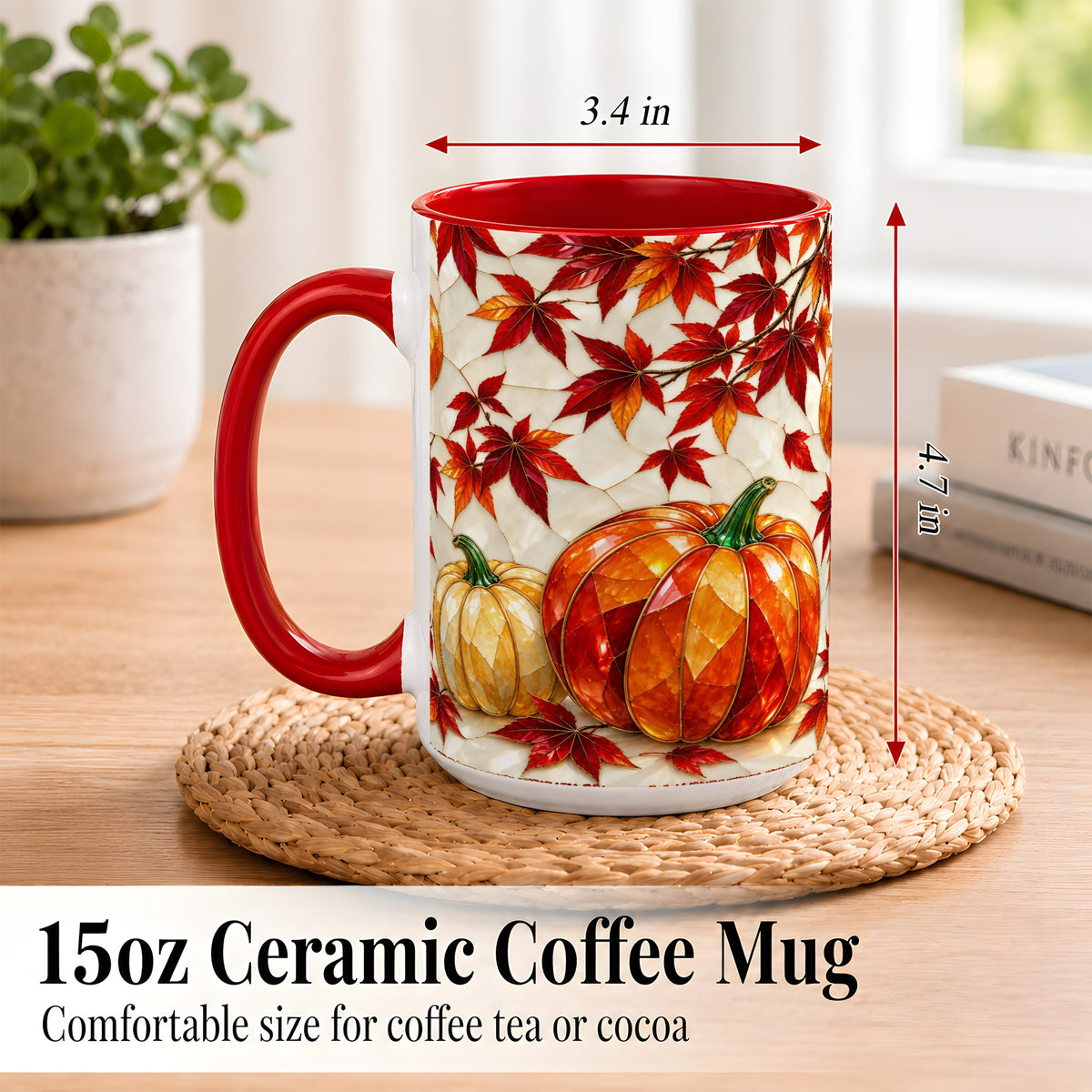 #pl[15oz|Red] Jeweled Pumpkin Coffee Mug, Autumn Maple Mug, Ceramic Cup