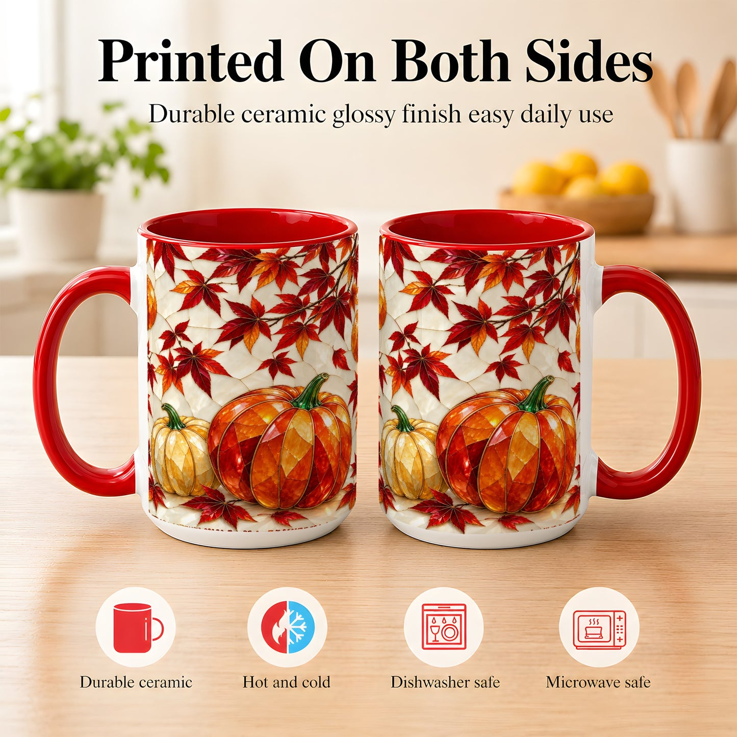 #pl[15oz|Red] Jeweled Pumpkin Coffee Mug, Autumn Maple Mug, Ceramic Cup