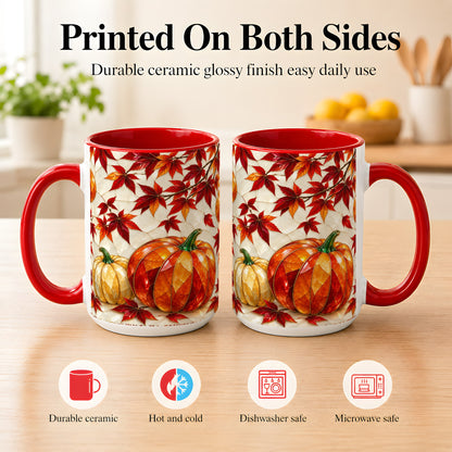 #pl[15oz|Red] Jeweled Pumpkin Coffee Mug, Autumn Maple Mug, Ceramic Cup