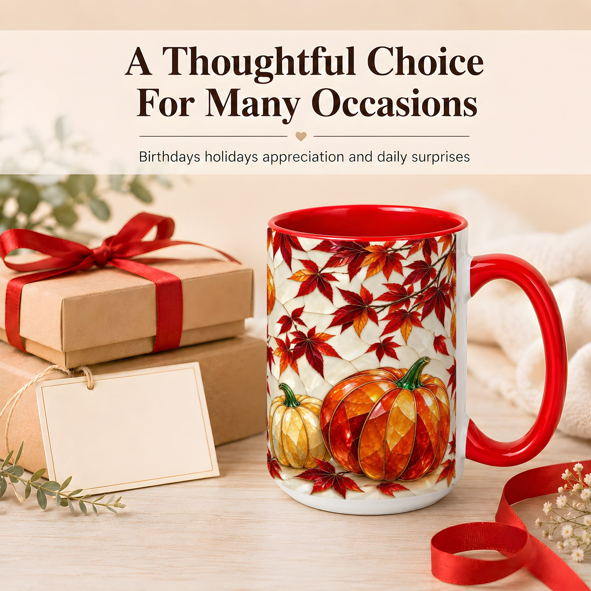 #pl[15oz|Red] Jeweled Pumpkin Coffee Mug, Autumn Maple Mug, Ceramic Cup