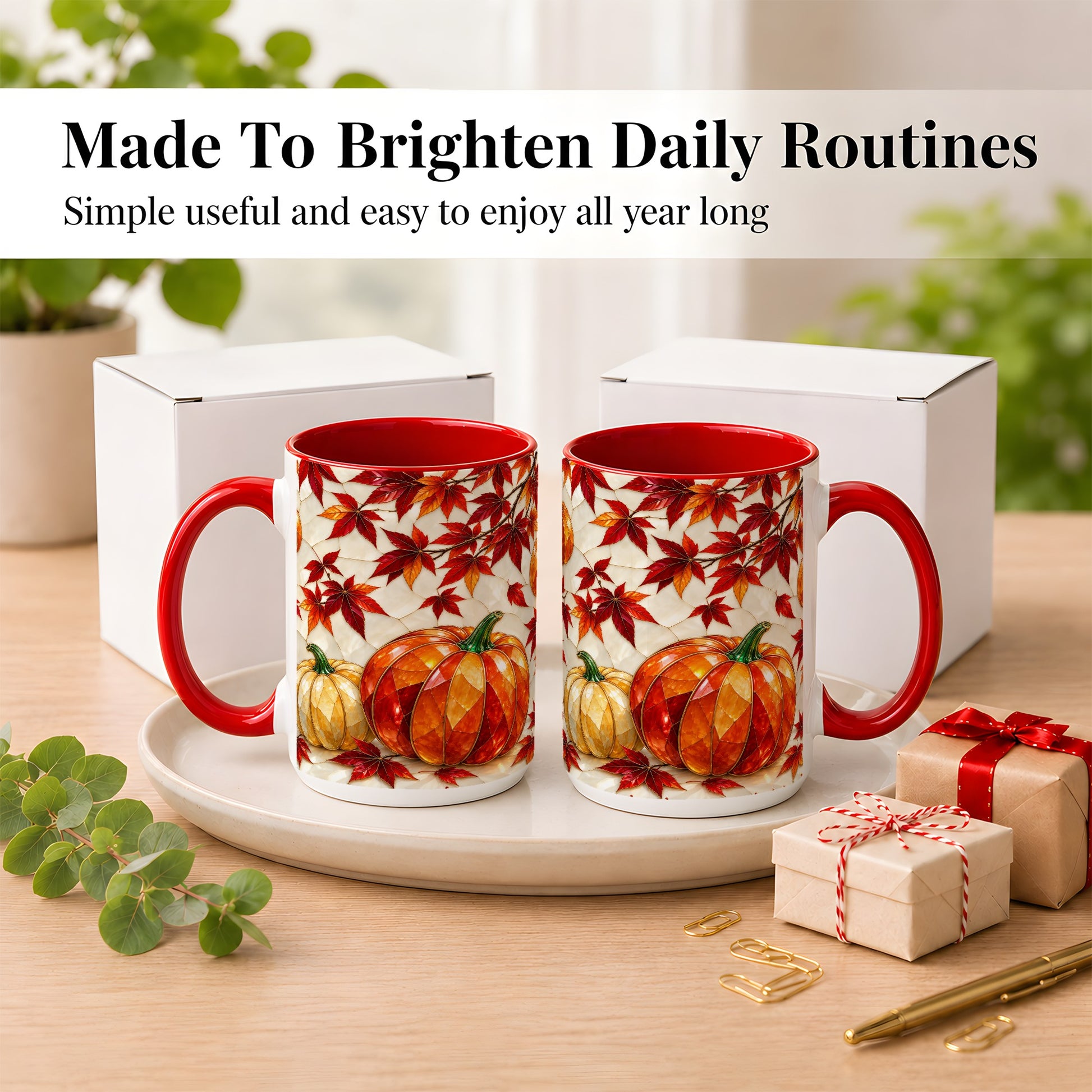 #pl[15oz|Red] Jeweled Pumpkin Coffee Mug, Autumn Maple Mug, Ceramic Cup