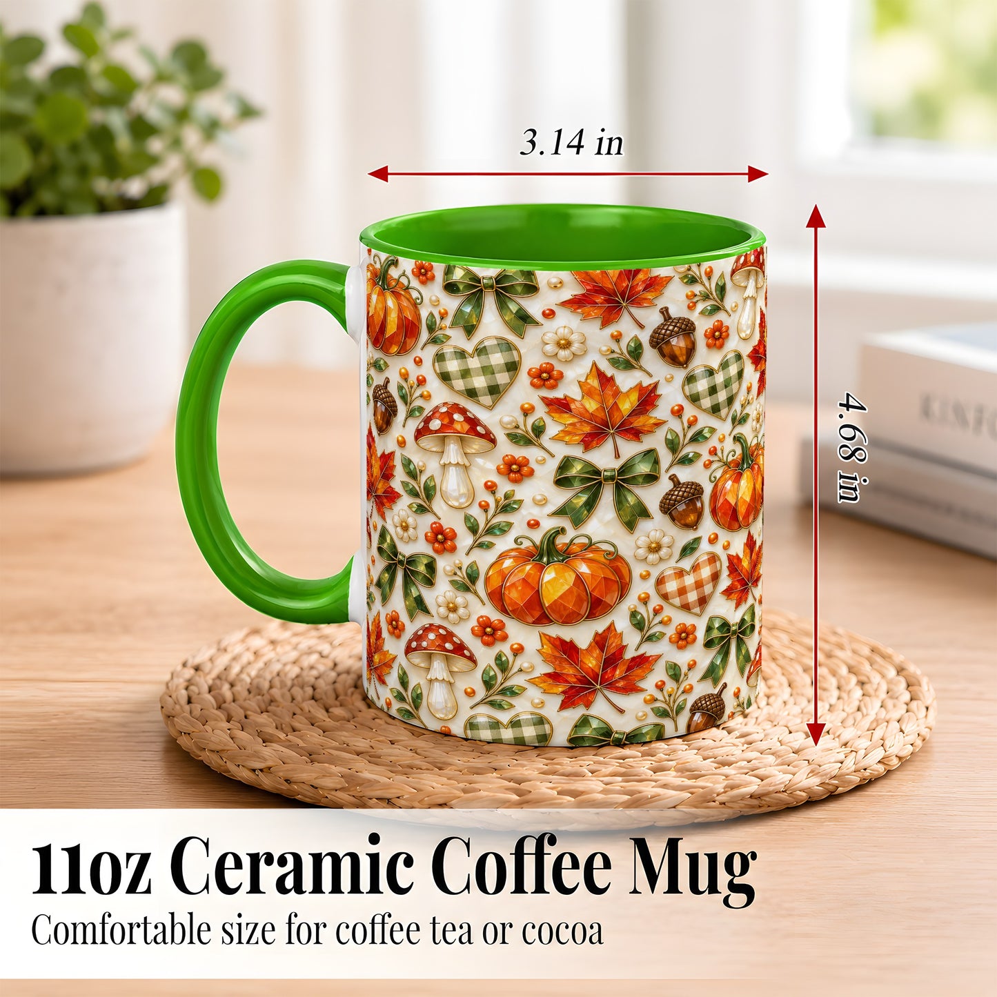 #pl[11oz|Green] Faceted Fall Coffee Mug, Pumpkin Maple Mug, Ceramic Cup
