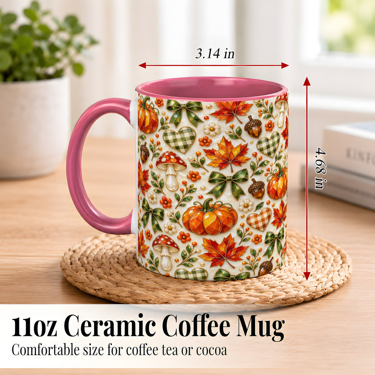 #pl[11oz|Pink] Faceted Fall Coffee Mug, Pumpkin Maple Mug, Ceramic Cup