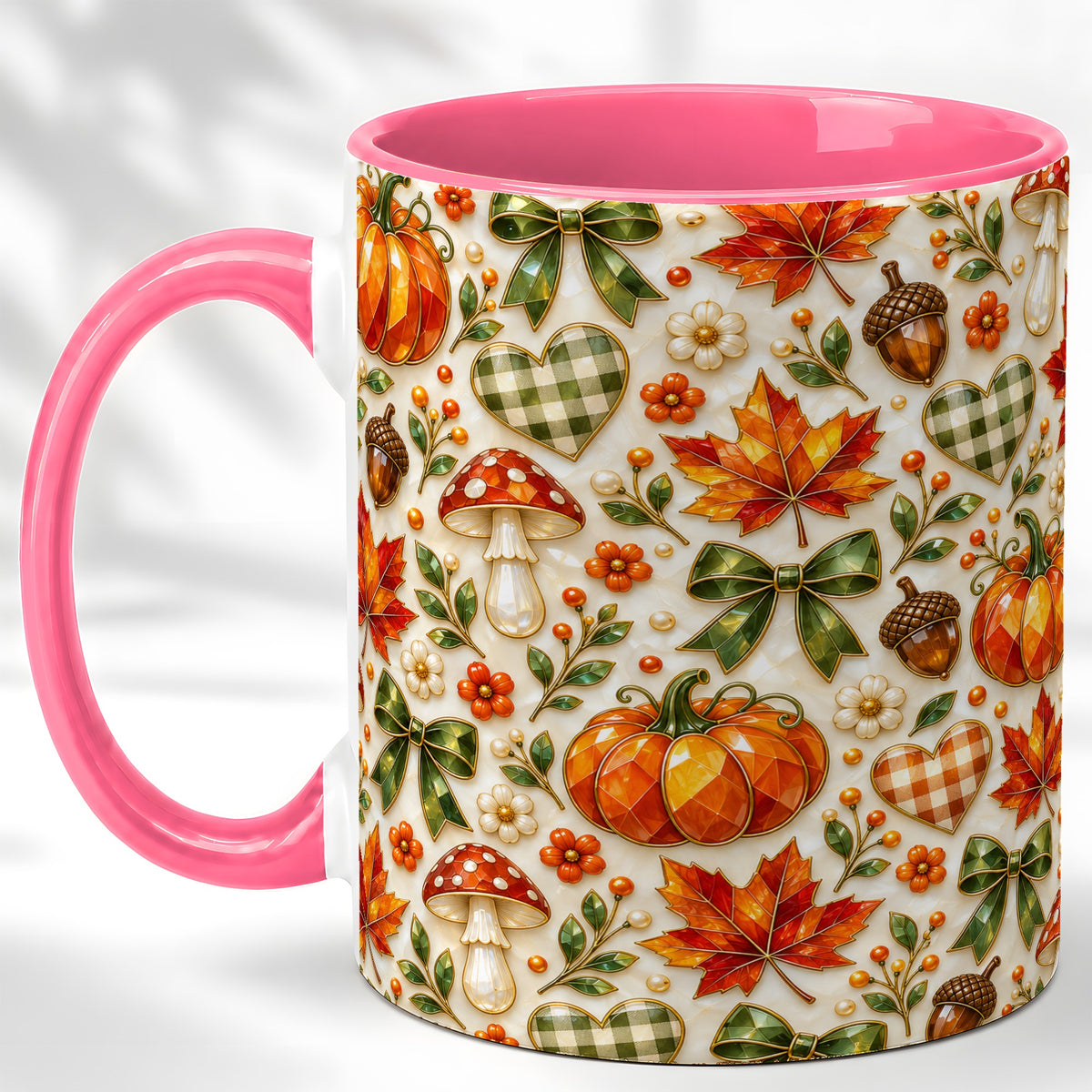 #pl[11oz|Pink] Faceted Fall Coffee Mug, Pumpkin Maple Mug, Ceramic Cup