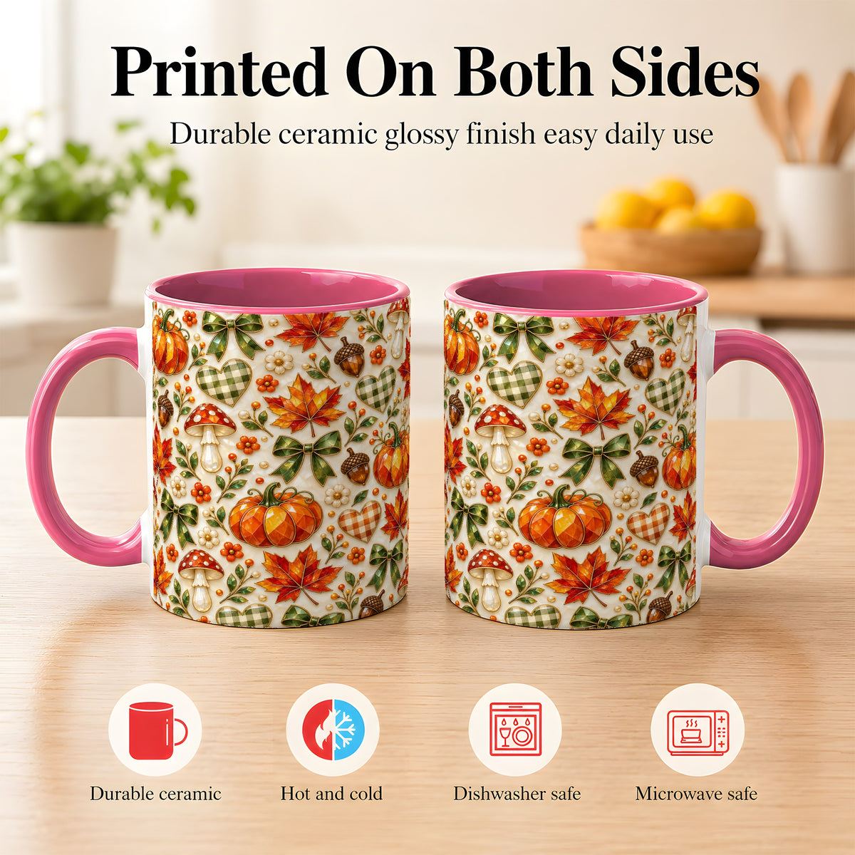 #pl[11oz|Pink] Faceted Fall Coffee Mug, Pumpkin Maple Mug, Ceramic Cup