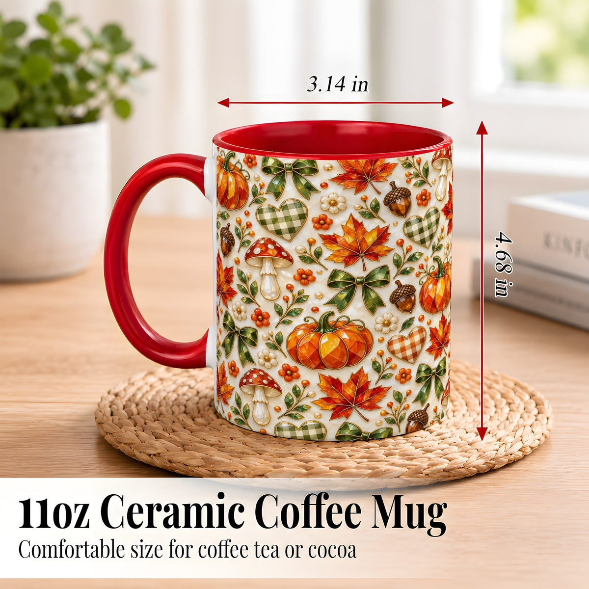 #pl[11oz|Red] Faceted Fall Coffee Mug, Pumpkin Maple Mug, Ceramic Cup