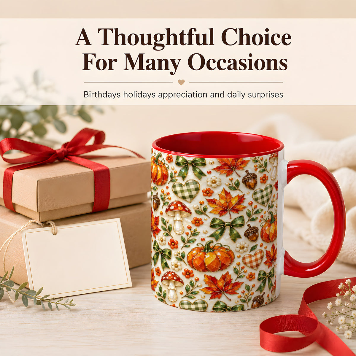 #pl[11oz|Red] Faceted Fall Coffee Mug, Pumpkin Maple Mug, Ceramic Cup
