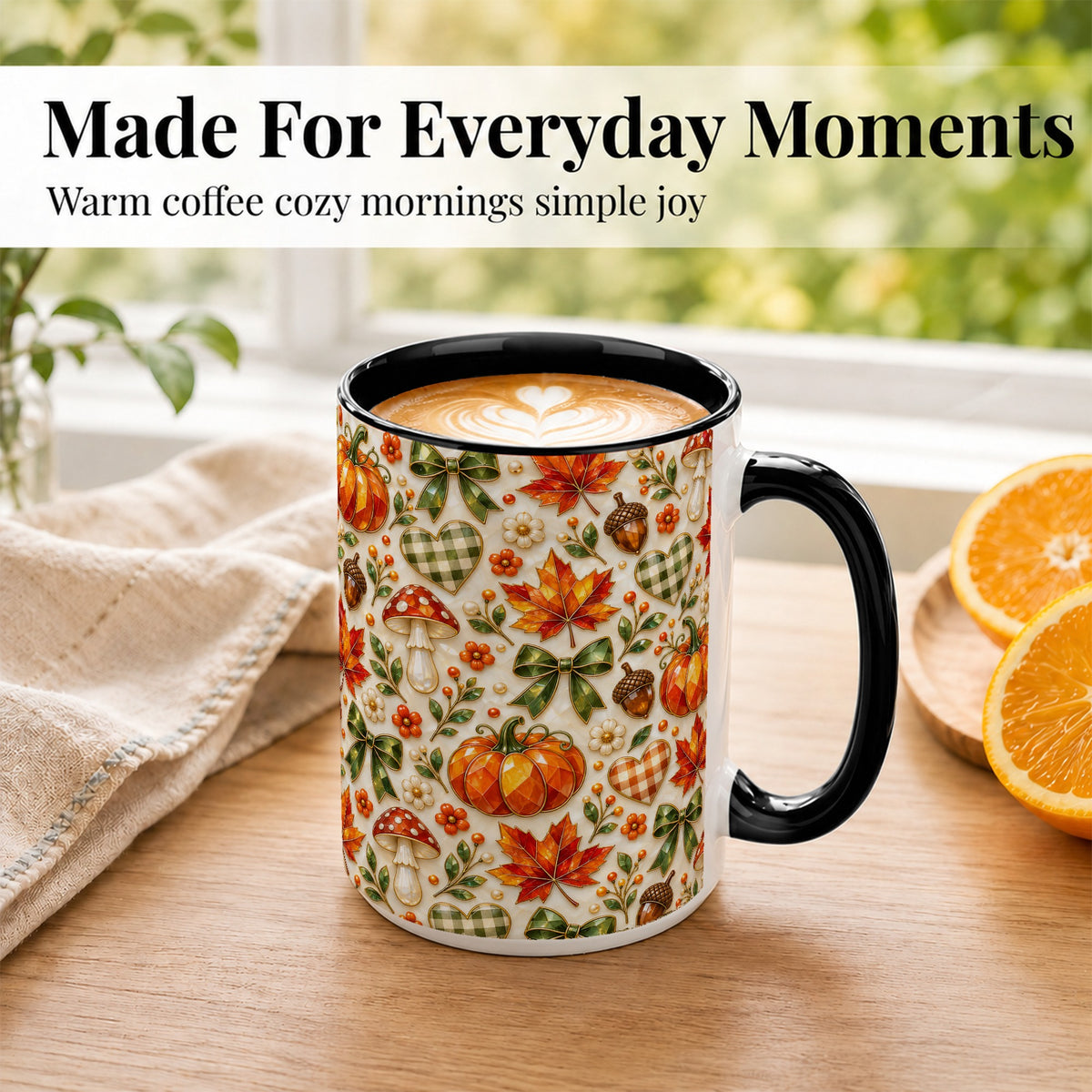 #pl[15oz|Black] Faceted Fall Coffee Mug, Pumpkin Maple Mug, Ceramic Cup
