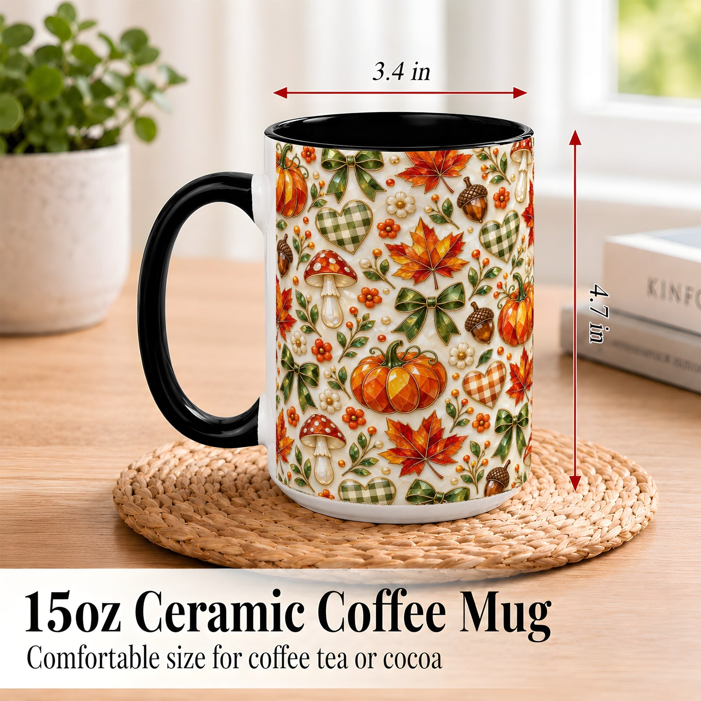 #pl[15oz|Black] Faceted Fall Coffee Mug, Pumpkin Maple Mug, Ceramic Cup