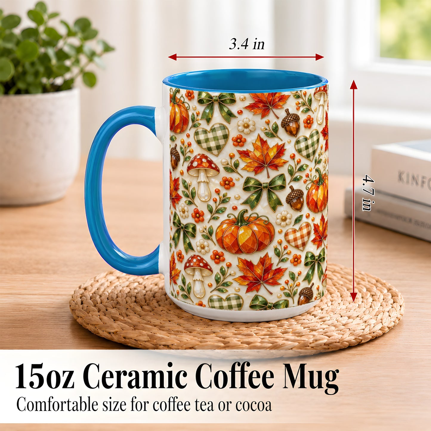 #pl[15oz|Blue] Faceted Fall Coffee Mug, Pumpkin Maple Mug, Ceramic Cup