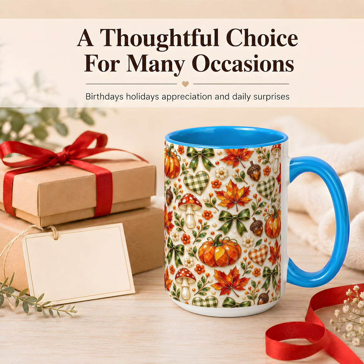 #pl[15oz|Blue] Faceted Fall Coffee Mug, Pumpkin Maple Mug, Ceramic Cup