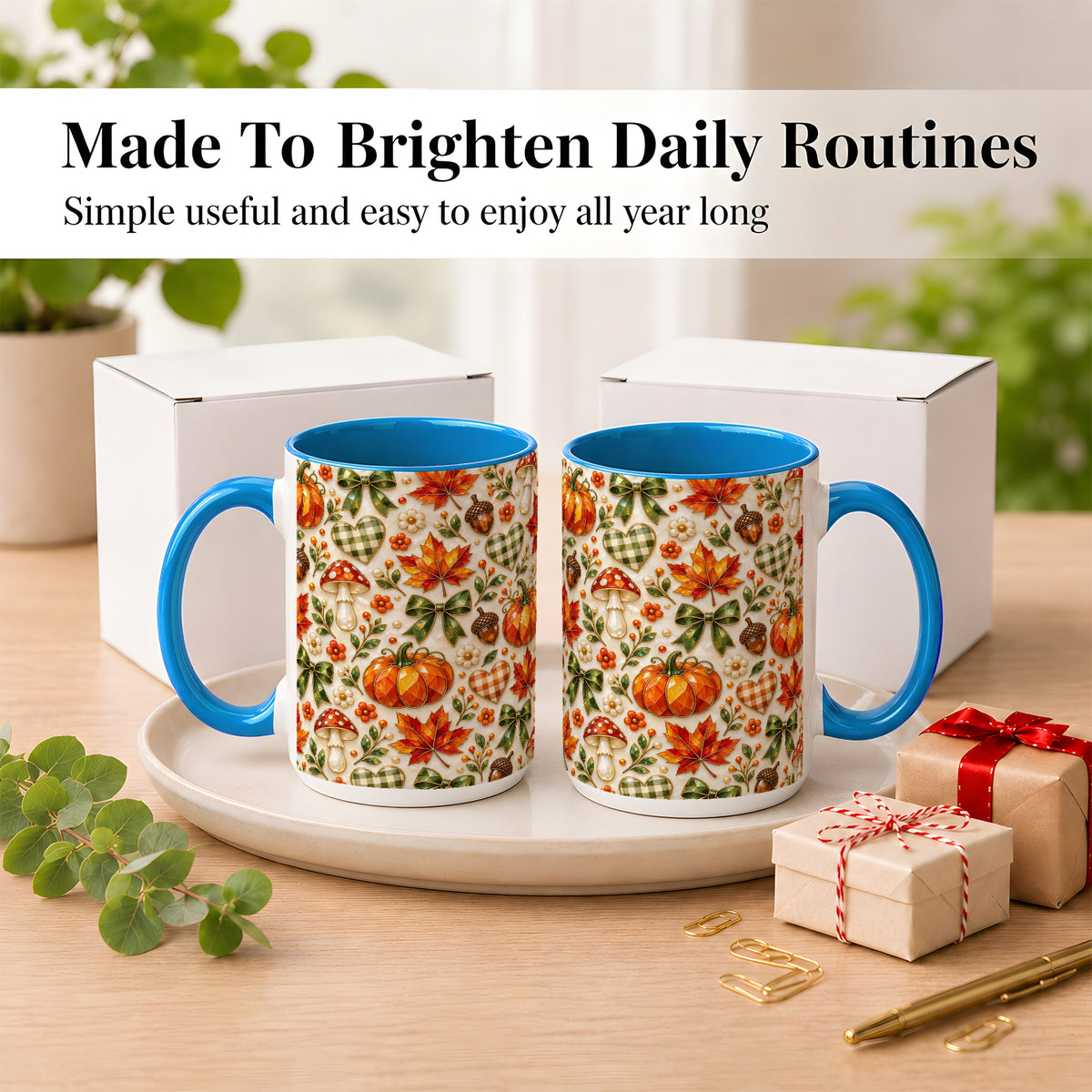 #pl[15oz|Blue] Faceted Fall Coffee Mug, Pumpkin Maple Mug, Ceramic Cup