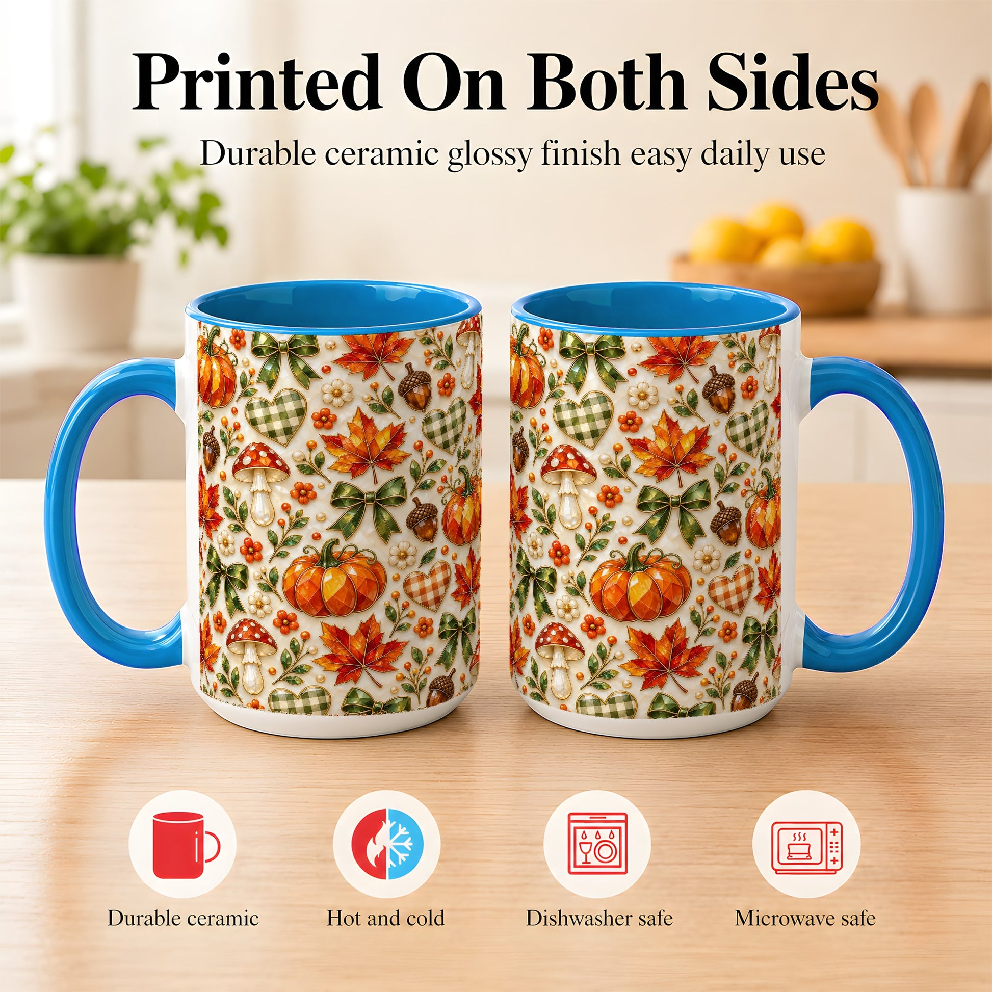 #pl[15oz|Blue] Faceted Fall Coffee Mug, Pumpkin Maple Mug, Ceramic Cup