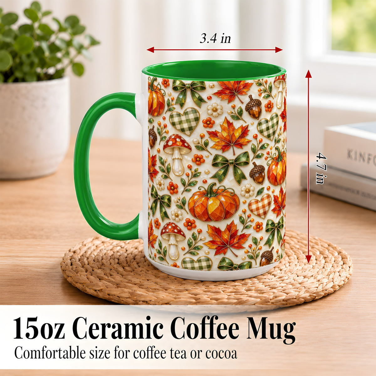 #pl[15oz|Green] Faceted Fall Coffee Mug, Pumpkin Maple Mug, Ceramic Cup