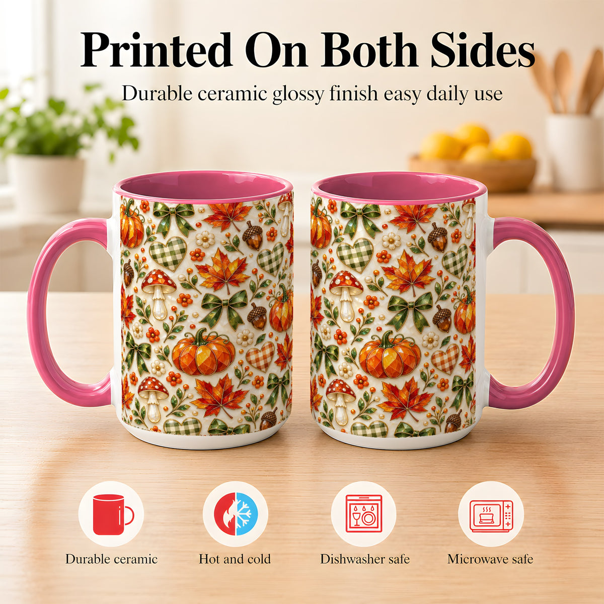 #pl[15oz|Pink] Faceted Fall Coffee Mug, Pumpkin Maple Mug, Ceramic Cup