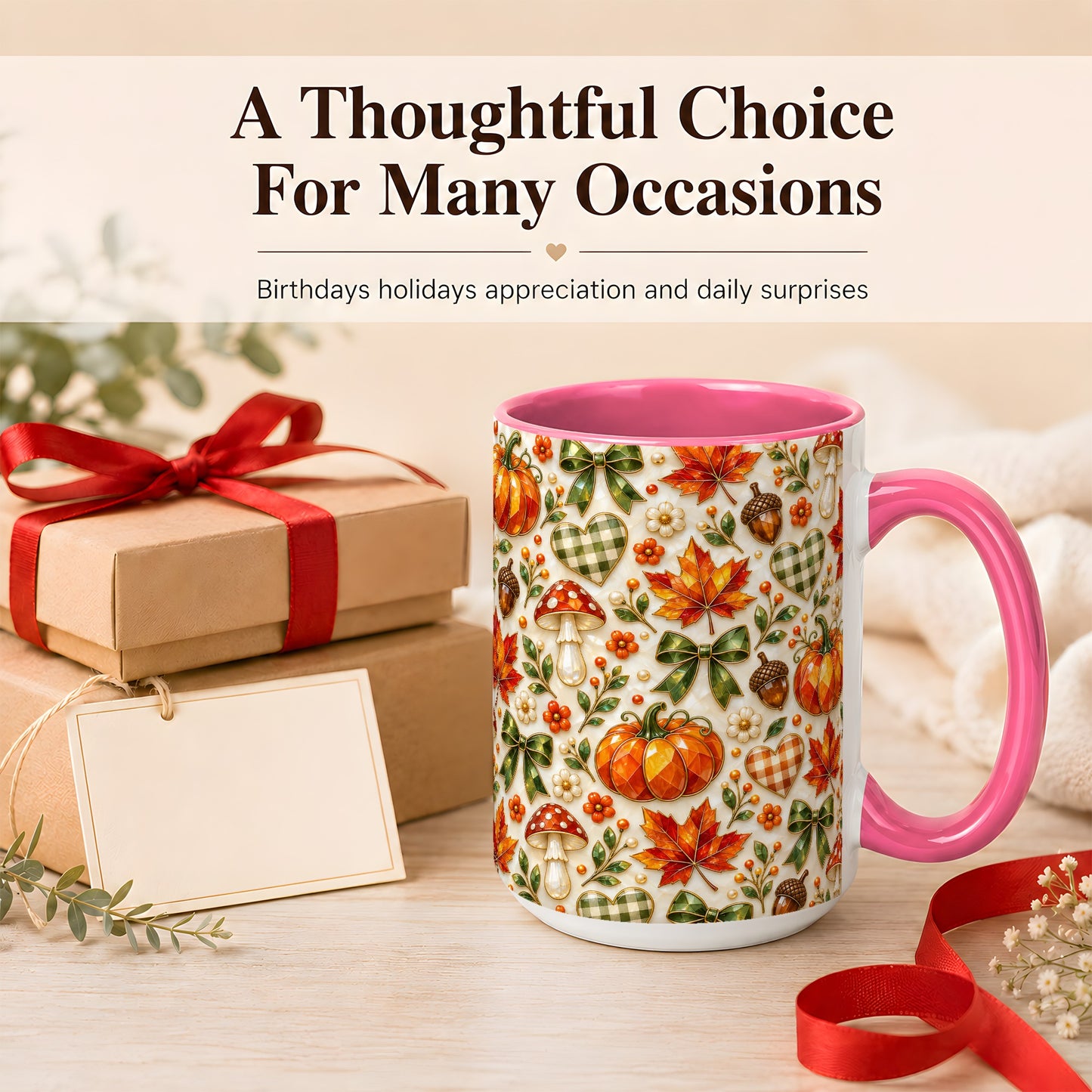 #pl[15oz|Pink] Faceted Fall Coffee Mug, Pumpkin Maple Mug, Ceramic Cup
