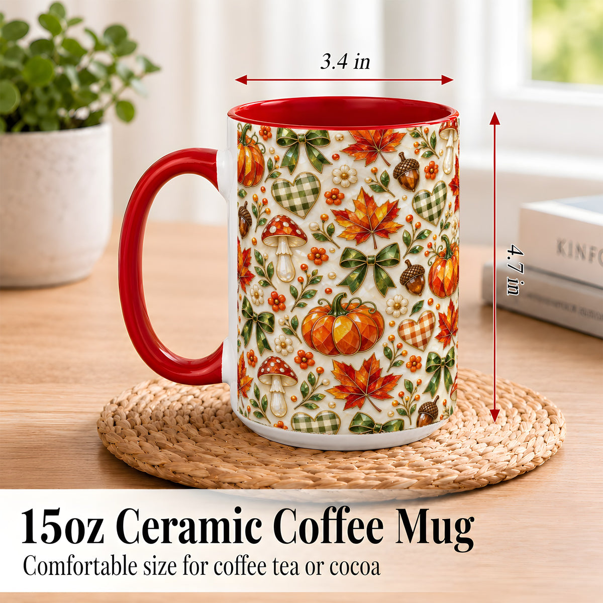 #pl[15oz|Red] Faceted Fall Coffee Mug, Pumpkin Maple Mug, Ceramic Cup