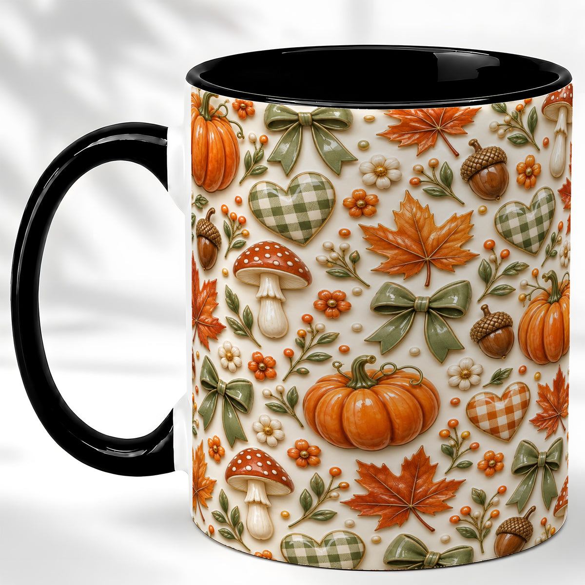 #pl[11oz|Black] Harvest Pumpkin Coffee Mug, Maple Bow Mug, Ceramic Cup