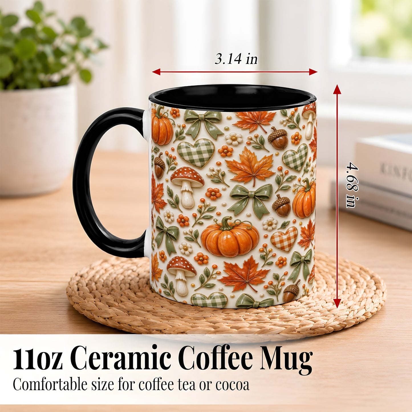 #pl[11oz|Black] Harvest Pumpkin Coffee Mug, Maple Bow Mug, Ceramic Cup