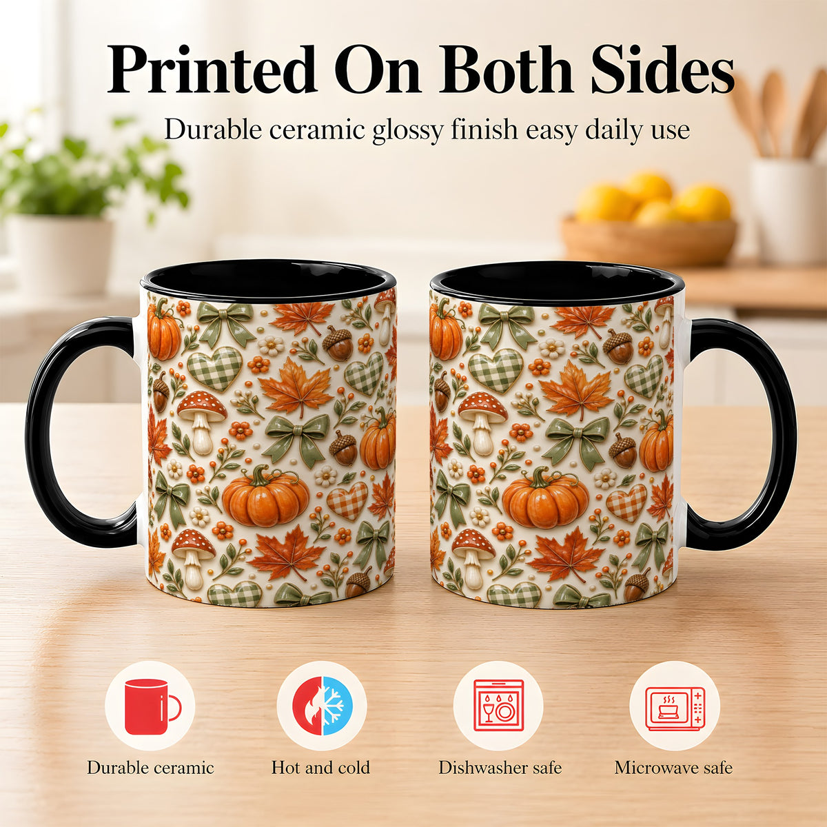 #pl[11oz|Black] Harvest Pumpkin Coffee Mug, Maple Bow Mug, Ceramic Cup