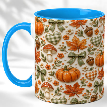 #pl[11oz|Blue] Harvest Pumpkin Coffee Mug, Maple Bow Mug, Ceramic Cup