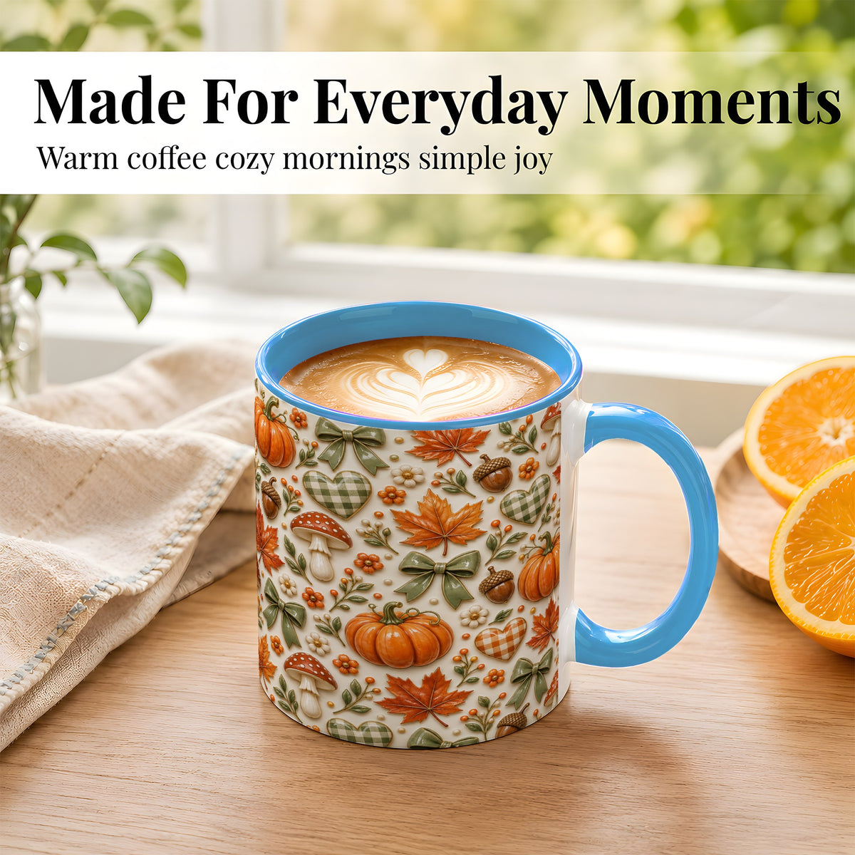 #pl[11oz|Blue] Harvest Pumpkin Coffee Mug, Maple Bow Mug, Ceramic Cup