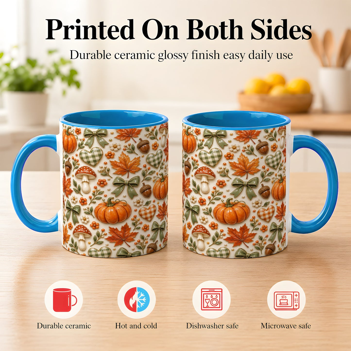 #pl[11oz|Blue] Harvest Pumpkin Coffee Mug, Maple Bow Mug, Ceramic Cup