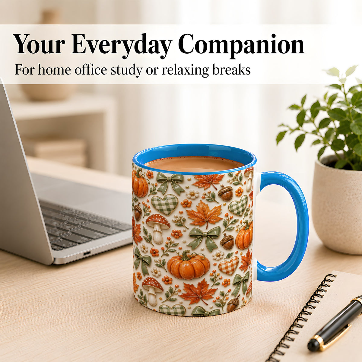 #pl[11oz|Blue] Harvest Pumpkin Coffee Mug, Maple Bow Mug, Ceramic Cup