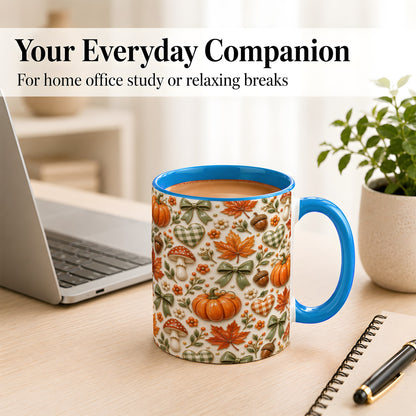 #pl[11oz|Blue] Harvest Pumpkin Coffee Mug, Maple Bow Mug, Ceramic Cup