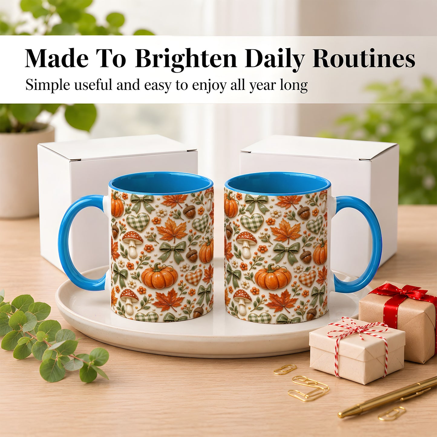 #pl[11oz|Blue] Harvest Pumpkin Coffee Mug, Maple Bow Mug, Ceramic Cup