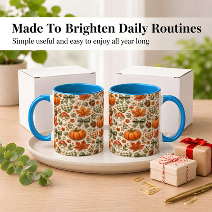 #pl[11oz|Blue] Harvest Pumpkin Coffee Mug, Maple Bow Mug, Ceramic Cup