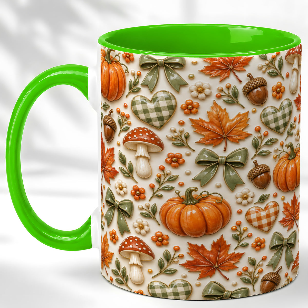#pl[11oz|Green] Harvest Pumpkin Coffee Mug, Maple Bow Mug, Ceramic Cup