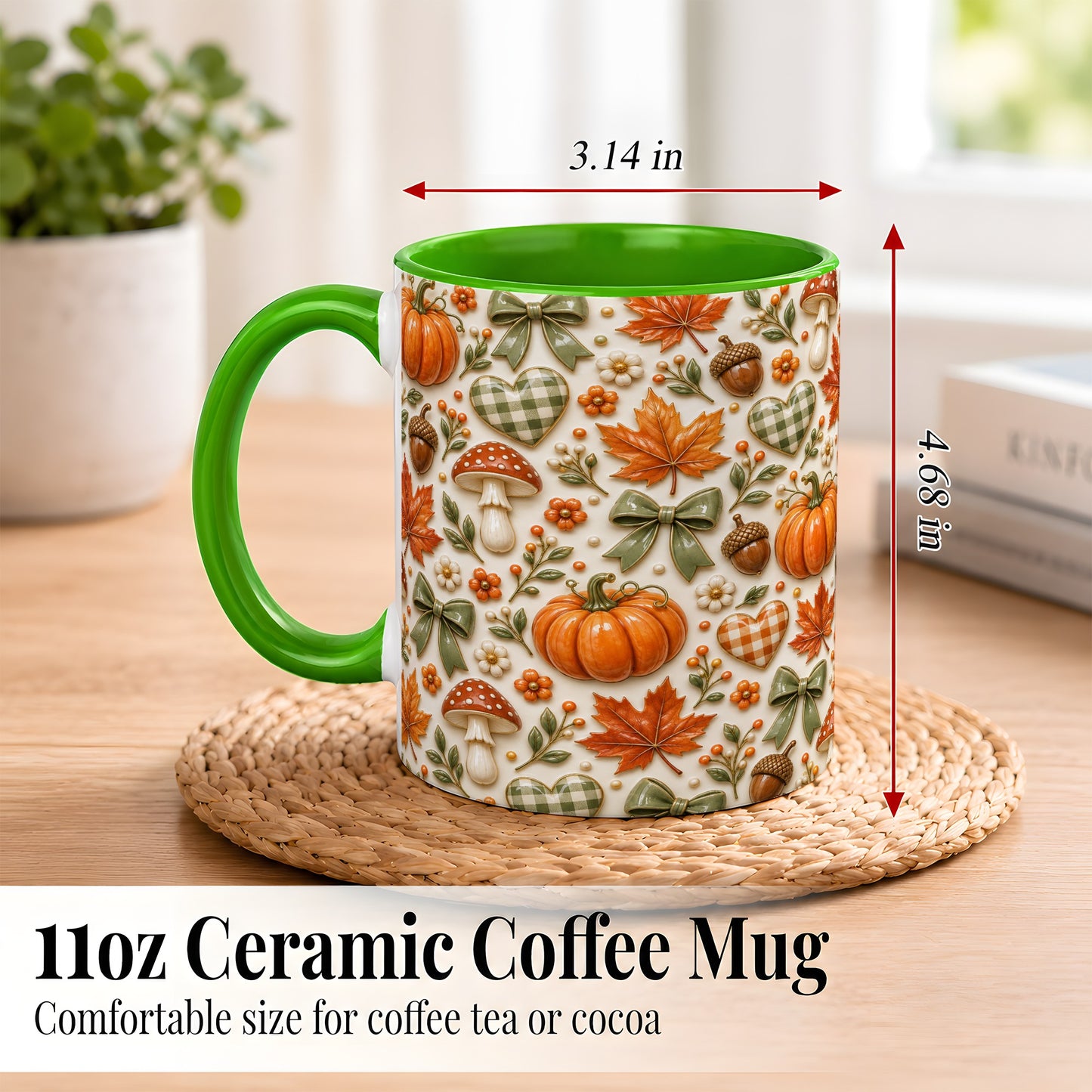 #pl[11oz|Green] Harvest Pumpkin Coffee Mug, Maple Bow Mug, Ceramic Cup
