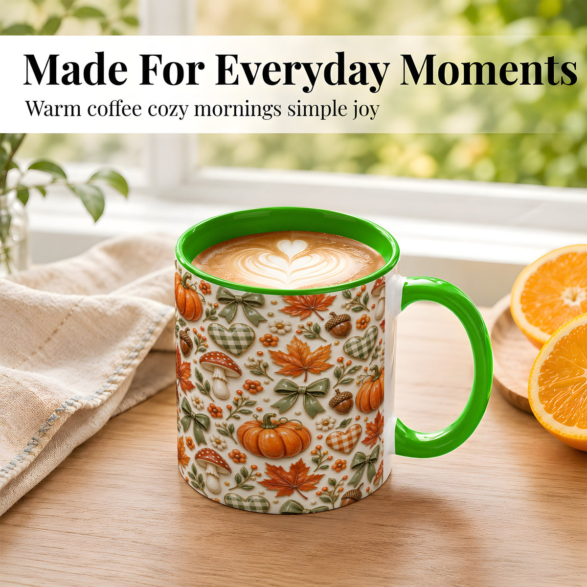 #pl[11oz|Green] Harvest Pumpkin Coffee Mug, Maple Bow Mug, Ceramic Cup