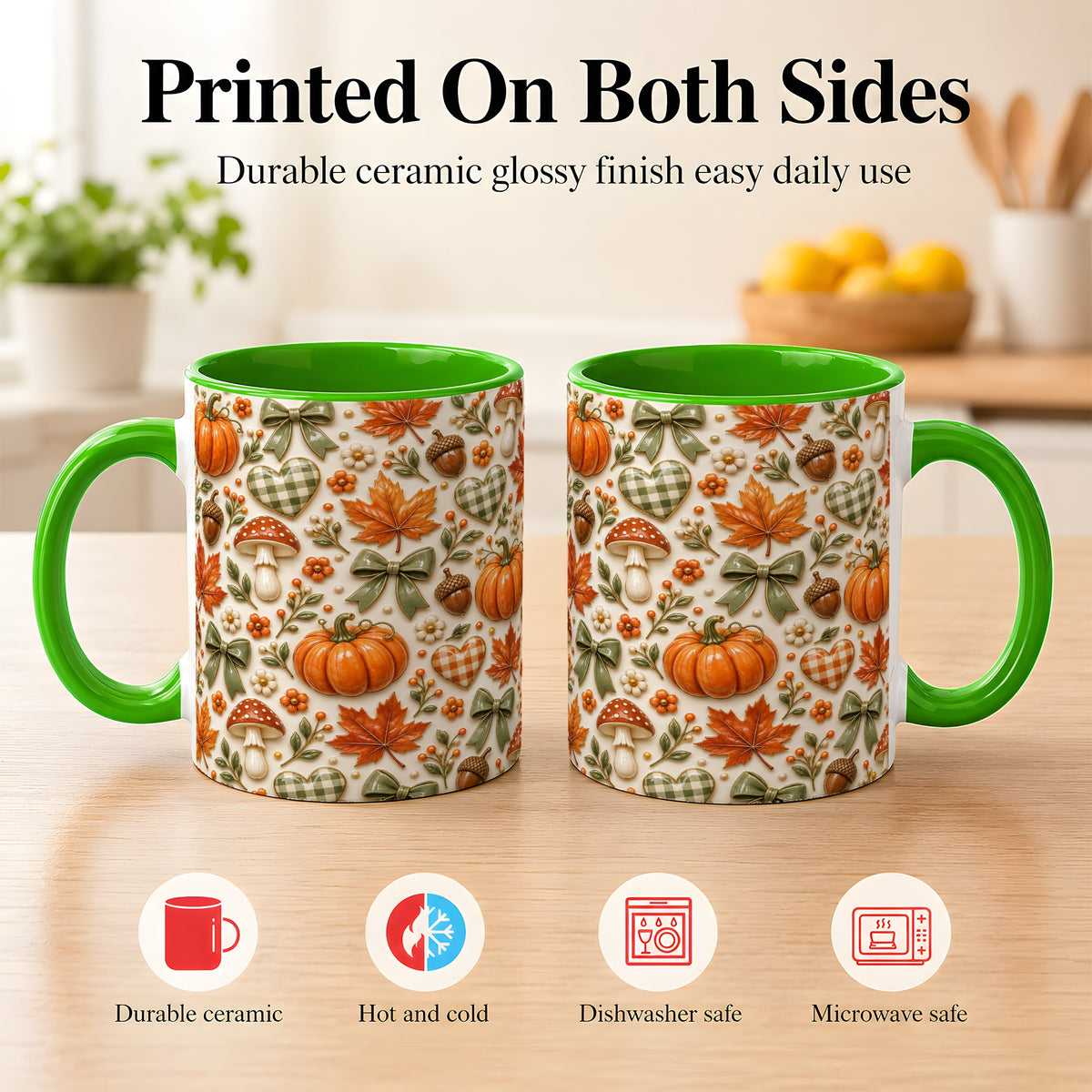 #pl[11oz|Green] Harvest Pumpkin Coffee Mug, Maple Bow Mug, Ceramic Cup