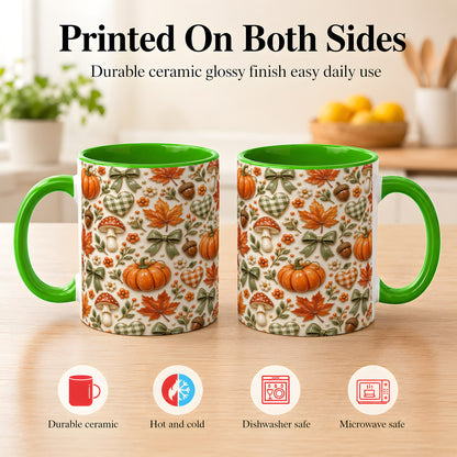 #pl[11oz|Green] Harvest Pumpkin Coffee Mug, Maple Bow Mug, Ceramic Cup