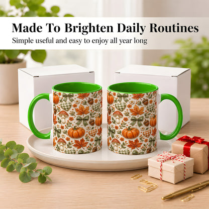 #pl[11oz|Green] Harvest Pumpkin Coffee Mug, Maple Bow Mug, Ceramic Cup