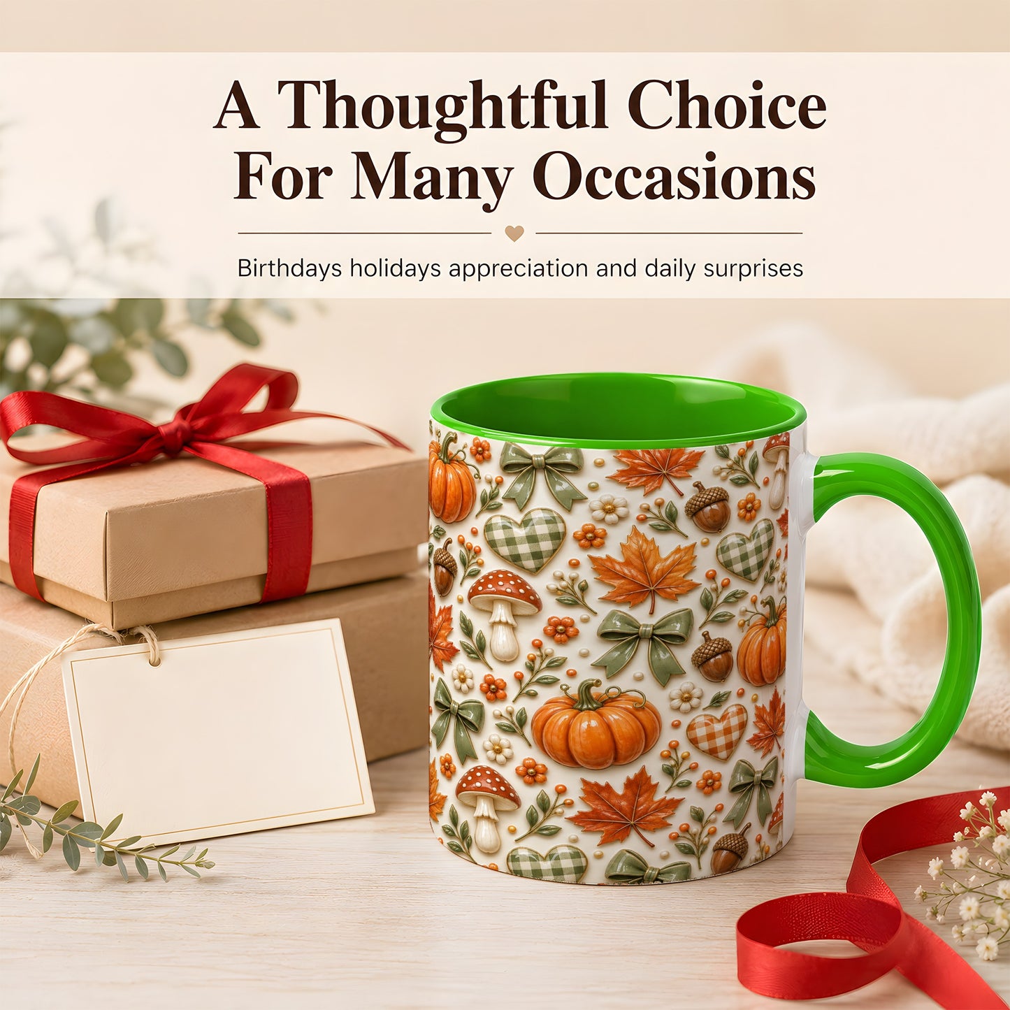 #pl[11oz|Green] Harvest Pumpkin Coffee Mug, Maple Bow Mug, Ceramic Cup