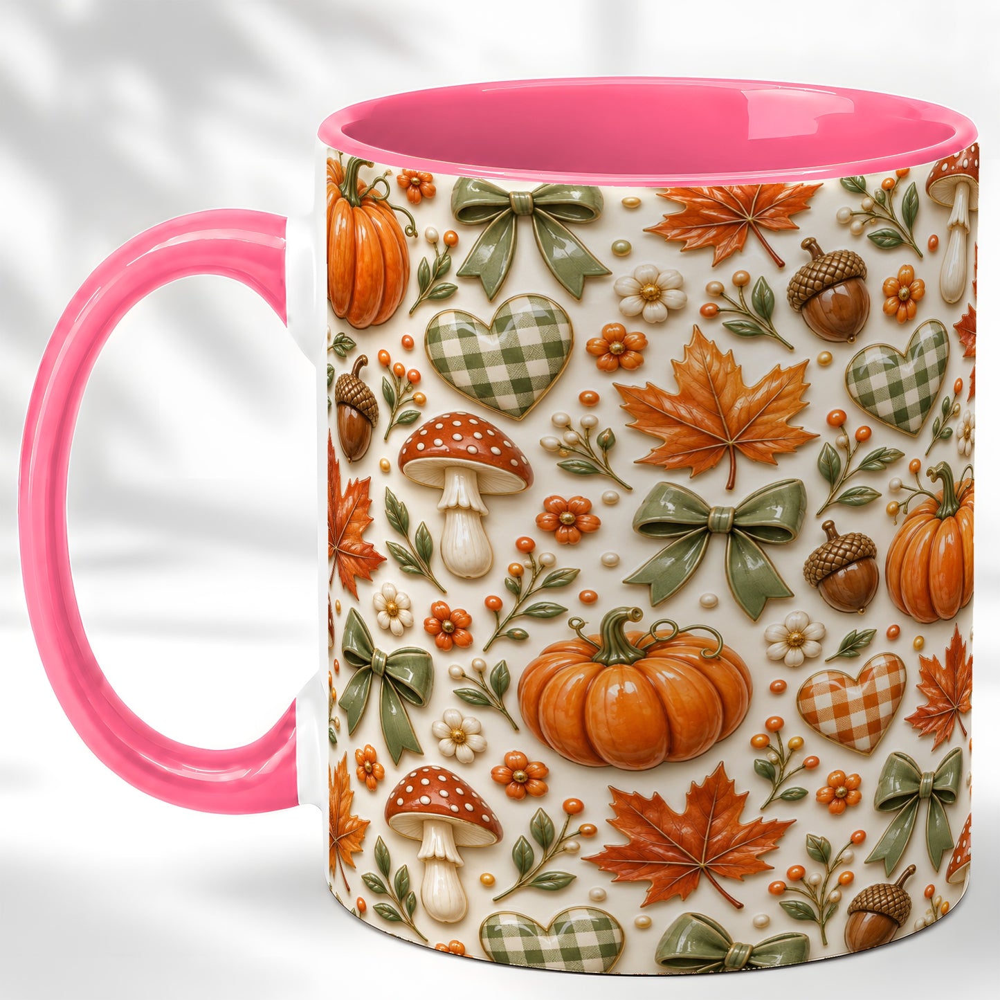 #pl[11oz|Pink] Harvest Pumpkin Coffee Mug, Maple Bow Mug, Ceramic Cup