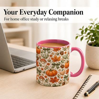 #pl[11oz|Pink] Harvest Pumpkin Coffee Mug, Maple Bow Mug, Ceramic Cup