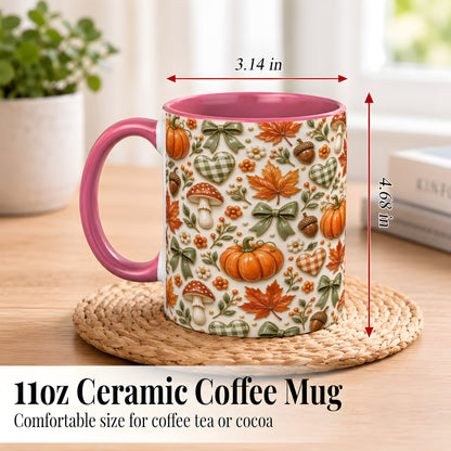 #pl[11oz|Pink] Harvest Pumpkin Coffee Mug, Maple Bow Mug, Ceramic Cup