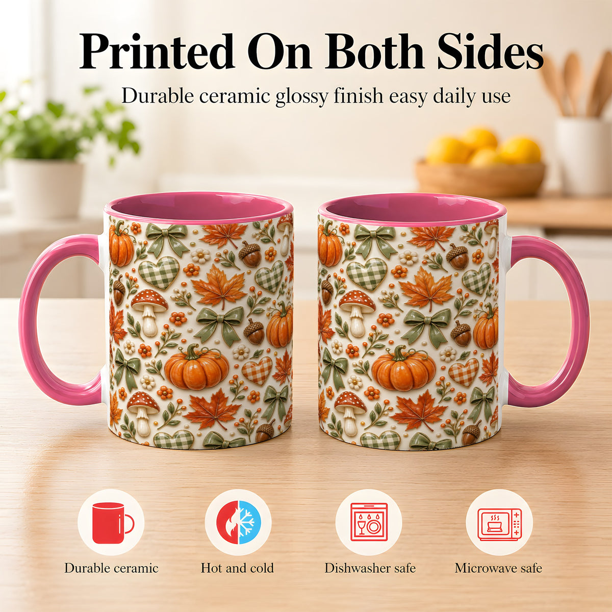 #pl[11oz|Pink] Harvest Pumpkin Coffee Mug, Maple Bow Mug, Ceramic Cup