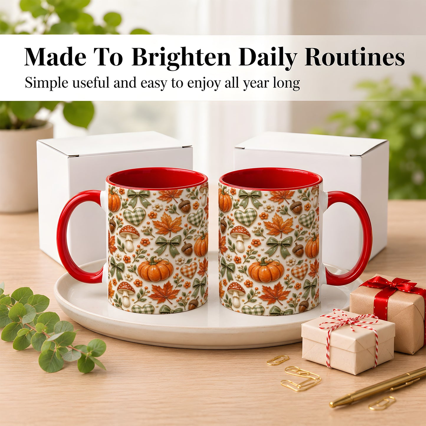 #pl[11oz|Red] Harvest Pumpkin Coffee Mug, Maple Bow Mug, Ceramic Cup