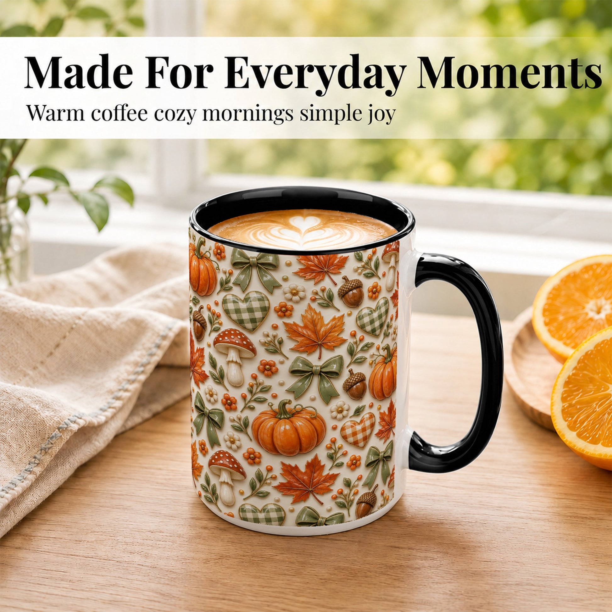 #pl[15oz|Black] Harvest Pumpkin Coffee Mug, Maple Bow Mug, Ceramic Cup