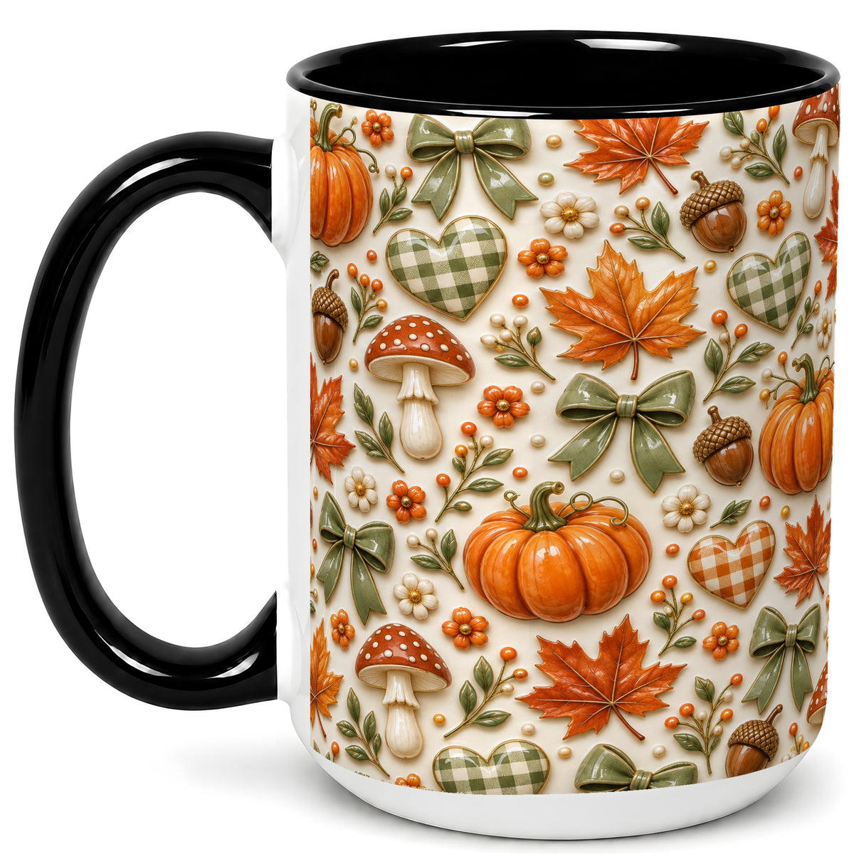 #pl[15oz|Black] Harvest Pumpkin Coffee Mug, Maple Bow Mug, Ceramic Cup